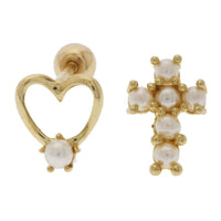 Asymmetry Shell Pearl Cross and Hollow Heart Stud Earrings