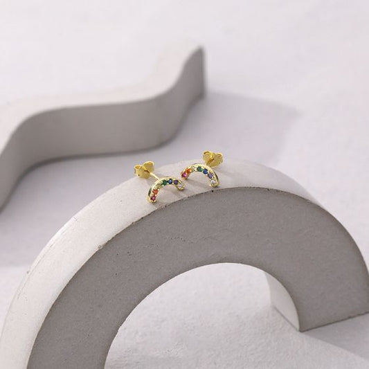 Mini Colorful CZ Crescent Moon Stud Earrings