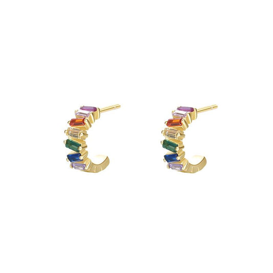 Colorful CZ Baguette C Shape Sterling Silver Stud Earrings