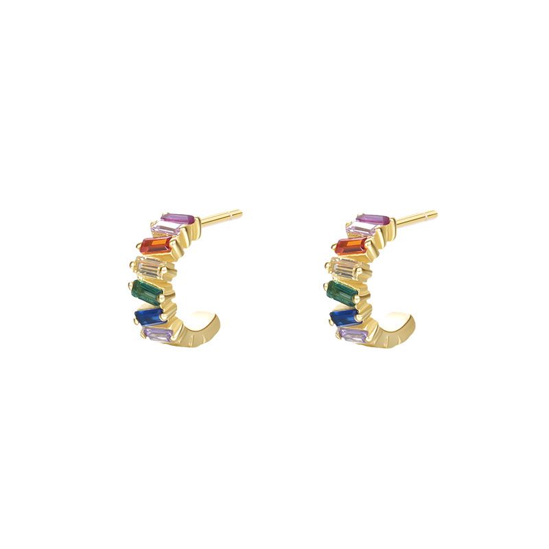 Colorful Crystal Baguette C Shape Sterling Silver Stud Earrings