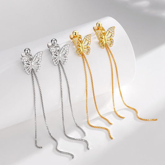 Hollow CZ Butterfly Tassel Earrings, .925 Sterling Silver