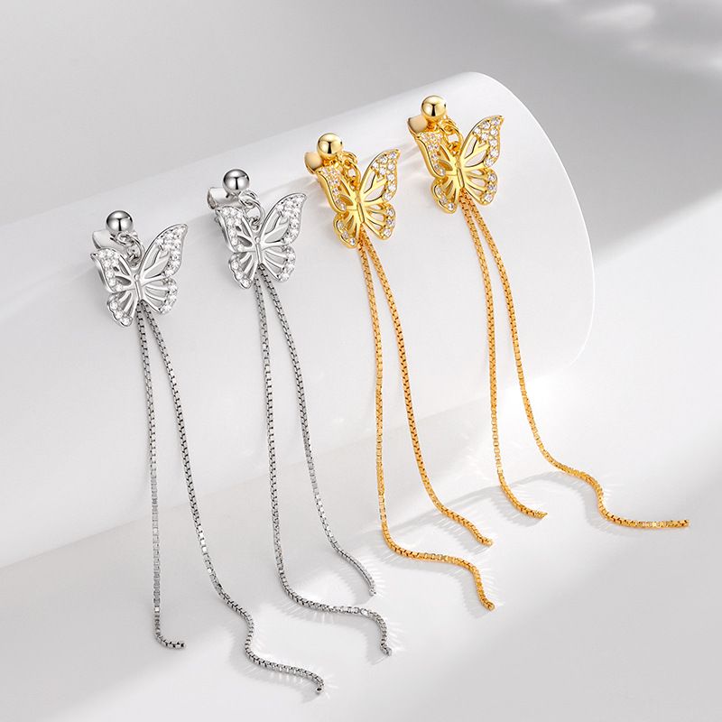 Hollow Crystal Butterfly Tassel Earrings, .925 Sterling Silver
