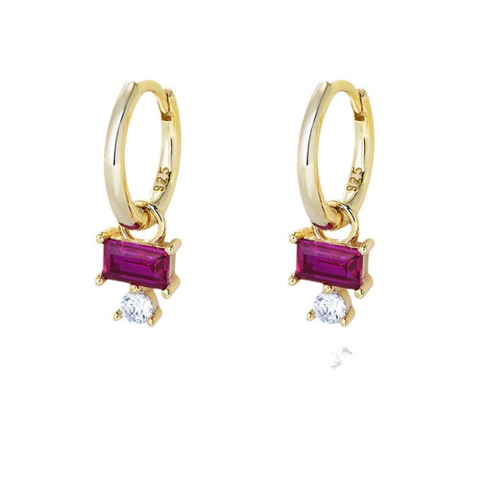 Red Baguette CZ Hoop Earrings in 925 Sterling Silver