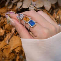 8x10mm Baguette Created High Carbon Diamond Ring with Crystal Border in 925 Sterling Silver