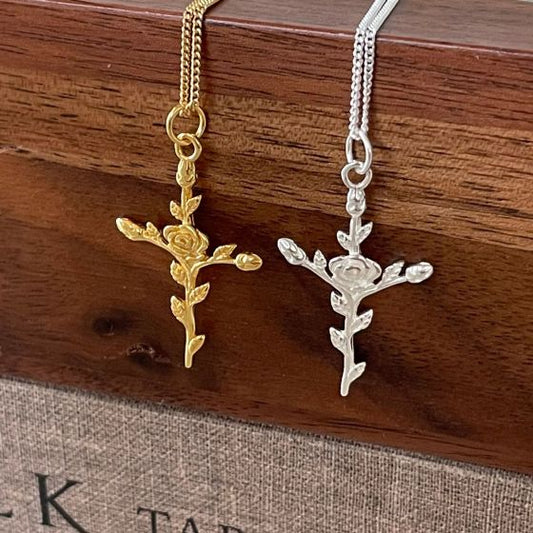Rose Flower Cross Necklace in 925 Sterling Silver