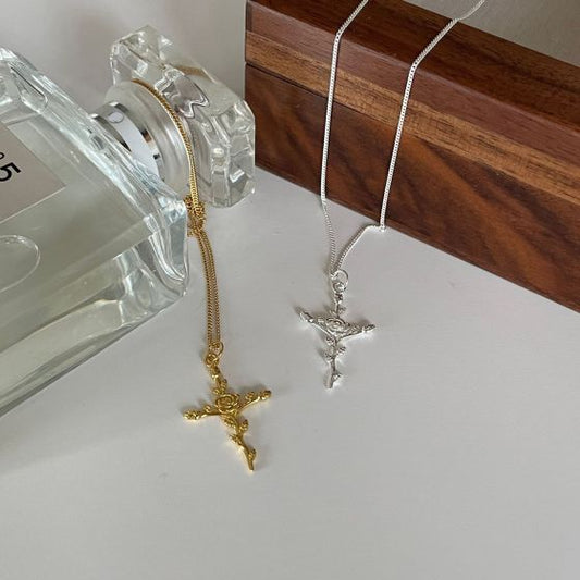Rose Flower Cross Necklace in 925 Sterling Silver