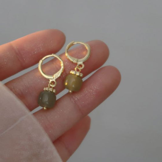 Green Agate Round Hoop Earrings in 925 Sterling Silver