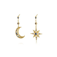 Asymmetrical Crescent Moon and Star 925 Sterling Silver Earrings