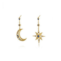 Asymmetrical Crescent Moon and Star 925 Sterling Silver Earrings