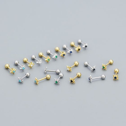 Mini CZ Eight Pointed Star Screw Sterling Silver Stud Earrings