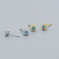 Mini Blue Created Opal Crystal Flower Stud Earrings