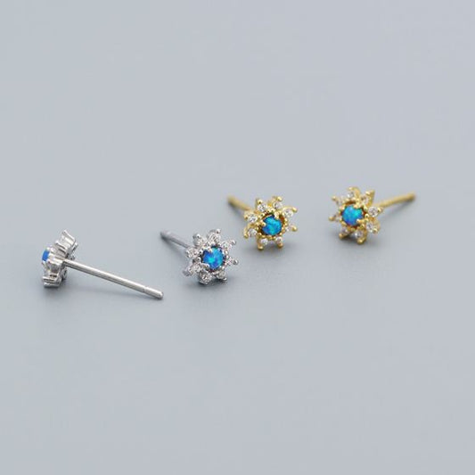 Mini Blue Created Opal CZ Flower Stud Earrings