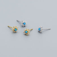 Mini Blue Created Opal Crystal Flower Stud Earrings