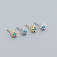 Mini Blue Created Opal Crystal Flower Stud Earrings