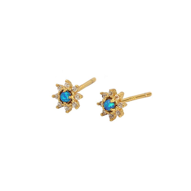 Mini Blue Created Opal Crystal Flower Stud Earrings