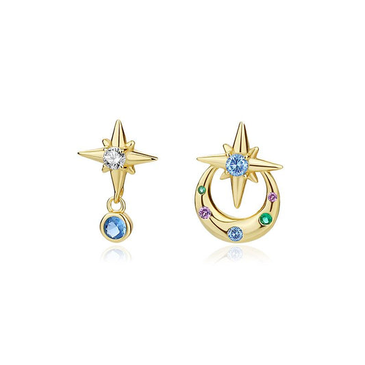 Asymmetrical Crescent Moon and Star Stud Earrings