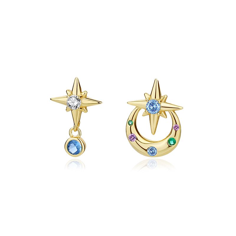 Asymmetrical Crescent Moon and Star Stud Earrings