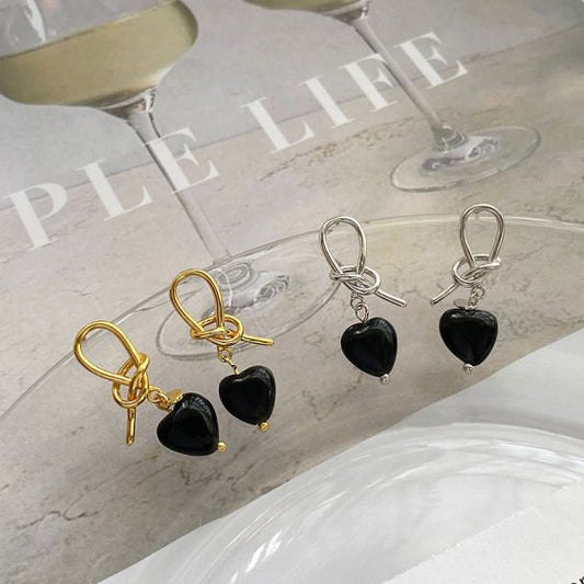 Black Agate Heart Knot Dangling Earrings