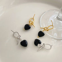 Black Agate Heart Knot Dangling Earrings