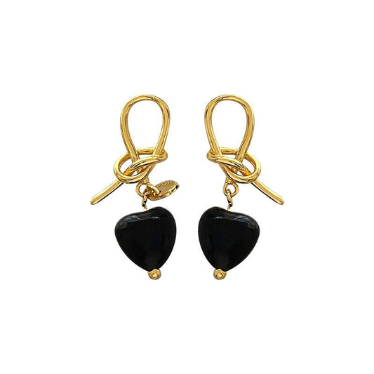 Black Agate Heart Knot Dangling Earrings