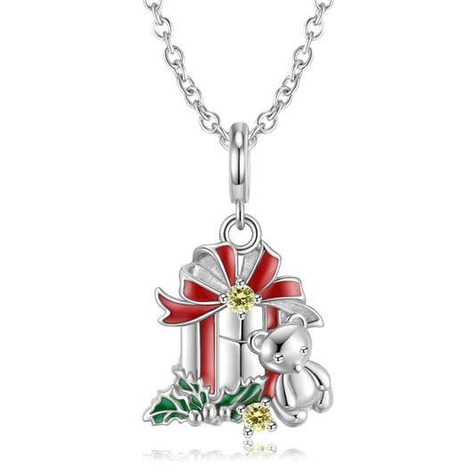 Christmas Bear and Gift Box Cubic Zirconia Pendant Necklace