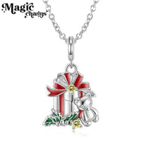 Christmas Bear and Gift Box Cubic Zirconia Pendant Necklace