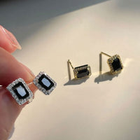 Black Crystal Baguette Geometry Sterling Silver Stud Earrings