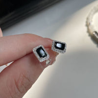 Black Crystal Baguette Geometry Sterling Silver Stud Earrings