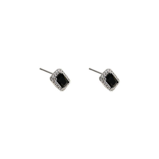 Black CZ Baguette Geometry Sterling Silver Stud Earrings
