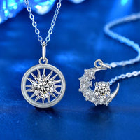 Moissanite Crescent Moon and Sun Necklace, 925 Sterling Silver