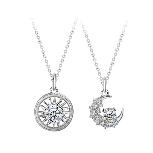 Moissanite Crescent Moon and Sun Necklace, 925 Sterling Silver