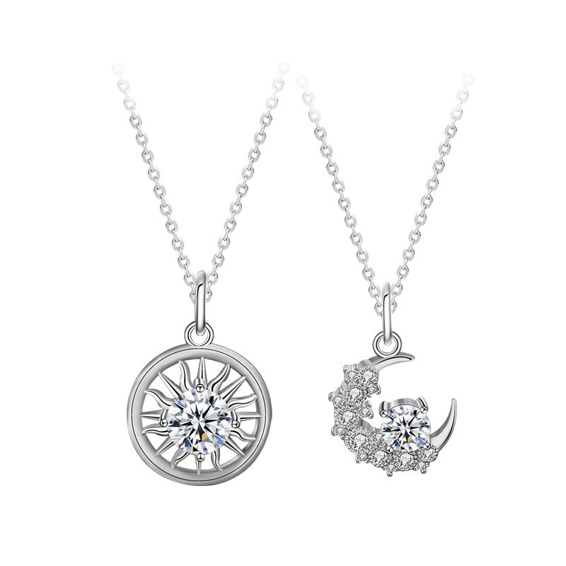 Moissanite Crescent Moon and Sun Necklace, 925 Sterling Silver