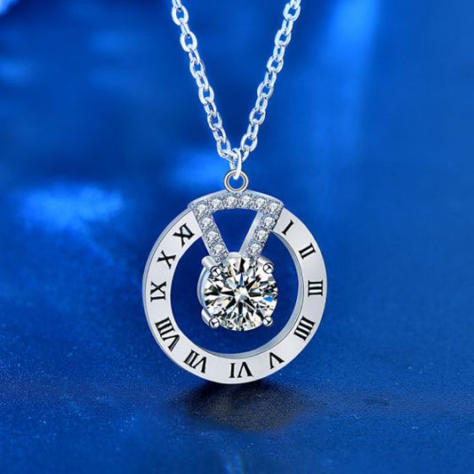 Roman Numeral Circle Necklace with 1ct Moissanite in 925 Sterling Silver