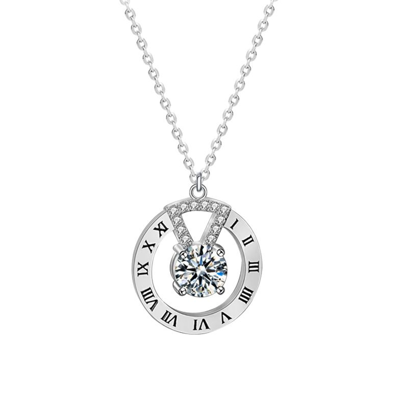 Roman Numeral Circle Necklace with 1ct Moissanite in 925 Sterling Silver