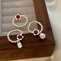 Red Agate Flower Bell Adjustable Sterling Silver Ring