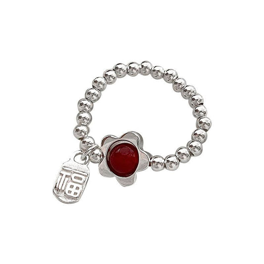 Red Agate Flower Bell Adjustable Sterling Silver Ring