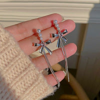 Pink Crystal Heart Bow-Knot Tassel Earrings, 925 Sterling Silver