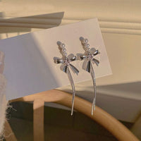 Pink Crystal Heart Bow-Knot Tassel Earrings, 925 Sterling Silver