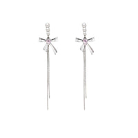 Pink Crystal Heart Bow-Knot Tassel Earrings, 925 Sterling Silver