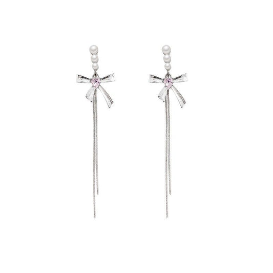 Pink CZ Heart Bow-Knot Tassel Earrings, 925 Sterling Silver