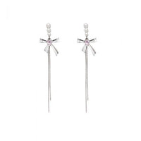 Pink Crystal Heart Bow-Knot Tassel Earrings, 925 Sterling Silver