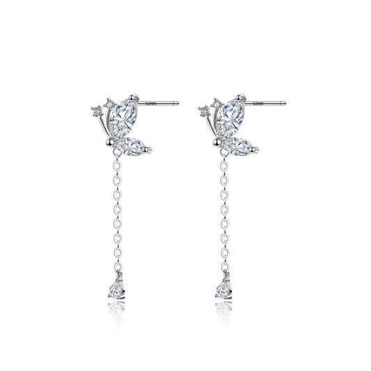Flying Butterfly CZ Tassel Earrings 999 Sterling Silver