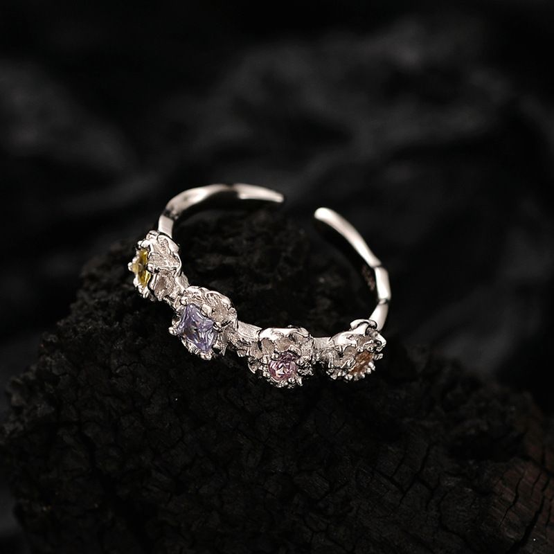 Colorful Crystal Flower Adjustable 925 Sterling Silver Ring