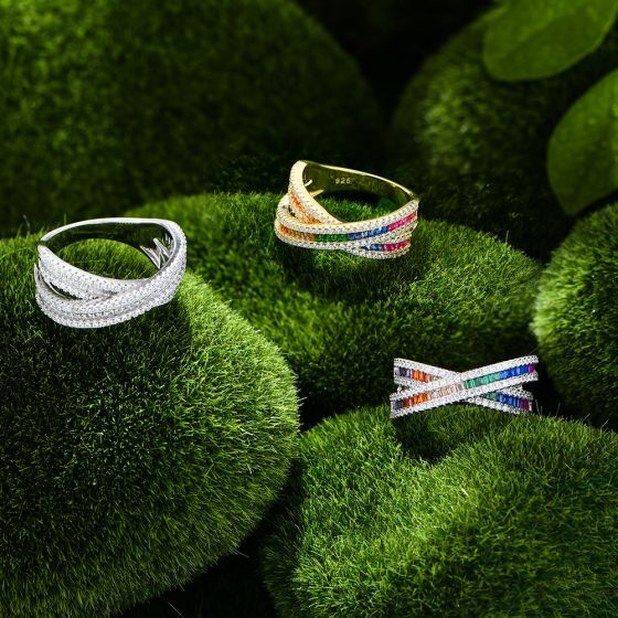 Rainbow CZ Cross 925 Sterling Silver Adjustable Ring