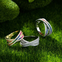 Rainbow Crystal Cross 925 Sterling Silver Adjustable Ring