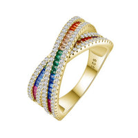 Rainbow Crystal Cross 925 Sterling Silver Adjustable Ring