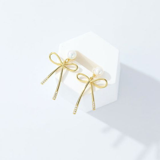 Hollow Bow-Knot Shell Pearl Dangling Earrings