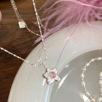 Sweet Pink Crystal Star Flower 925 Sterling Silver Necklace