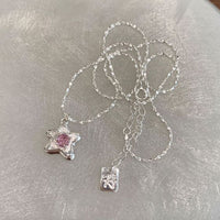 Sweet Pink Crystal Star Flower 925 Sterling Silver Necklace