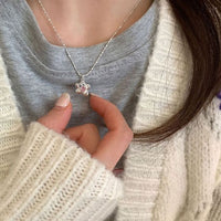 Sweet Pink Crystal Star Flower 925 Sterling Silver Necklace
